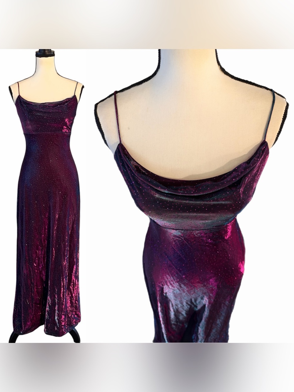 Vintage 90s Betsy & Adam Iridescent Plum Cowl Neck Maxi Dress Prom Formal HOCO